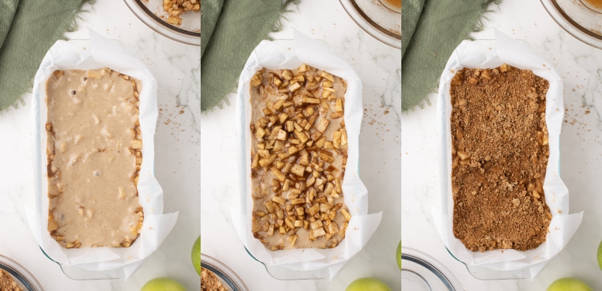 Batter topped with additional apples and then crumb topping