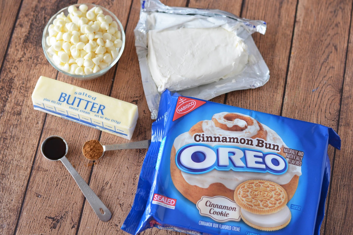 Cinnamon Bun Oreos, cream cheese, butter, white chocolate chips, vanilla, and ground cinnamon