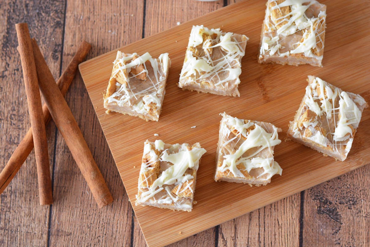 No bake cinnamon cookie bars on a cutting board
