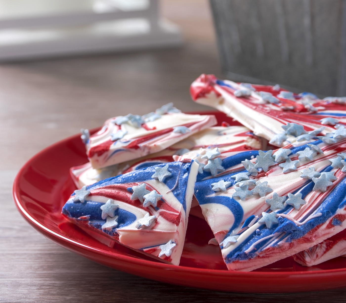 Red White and Blue Candy Bark on Plate