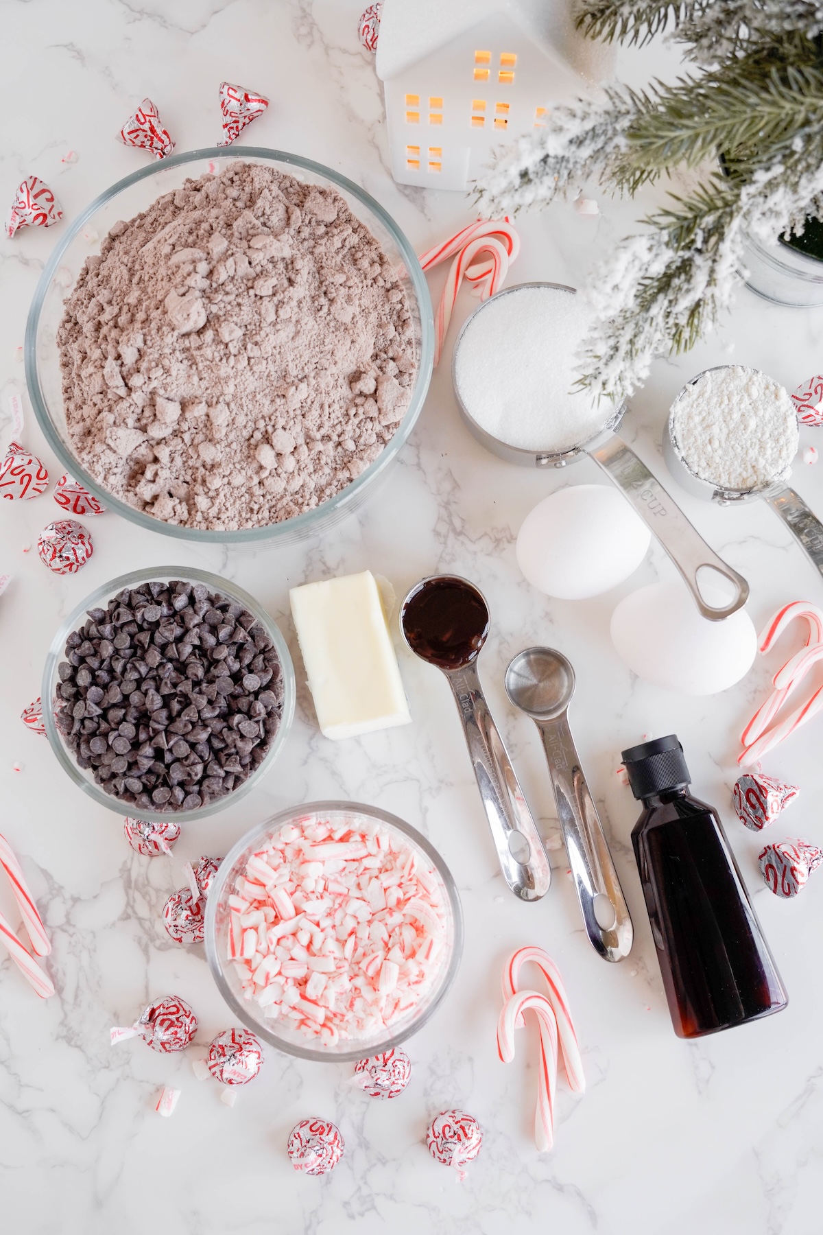 Brownie mix, sugar, milk chocolate chips, crushed candy canes, vanilla, butter, flour