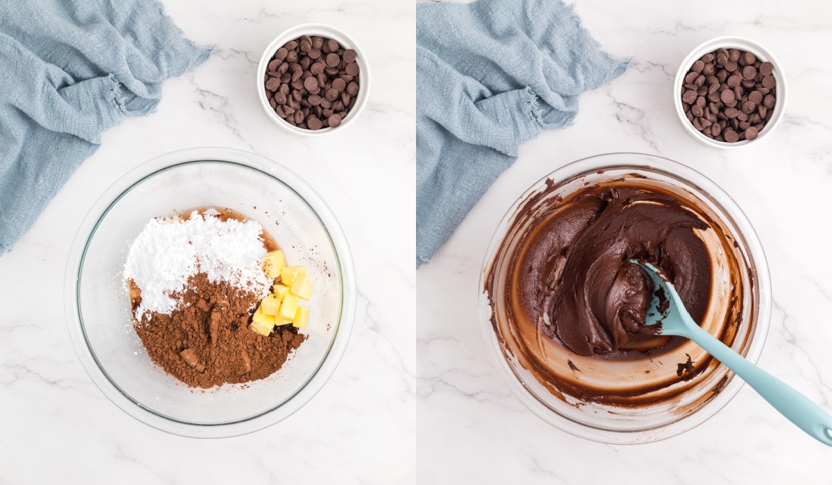 Making the chocolate frosting in a glass bowl