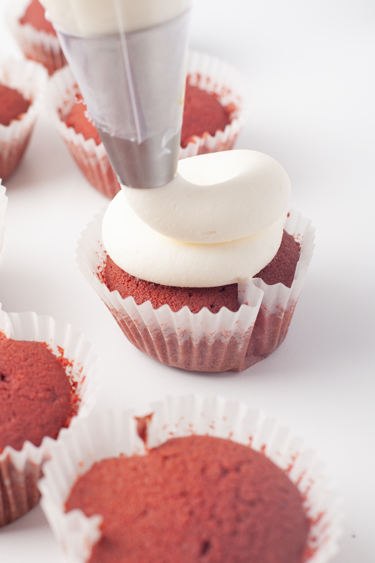 Piping the cupcakes with cream cheese frosting