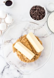 brown sugar and butter together in a clear glass bowl