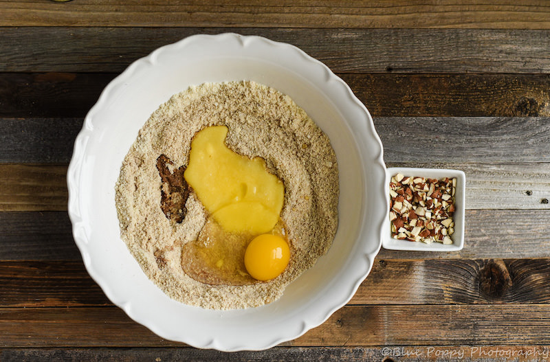melted butter and eggs added to the almond flour