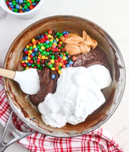 fold in half of the M&M’s, peanut butter and marshmallow creme