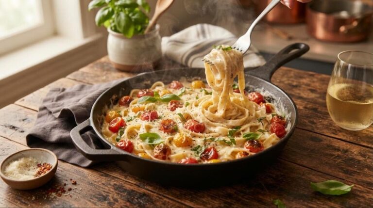 30 minute pasta dinners: creamy garlic Parmesan pasta in a skillet