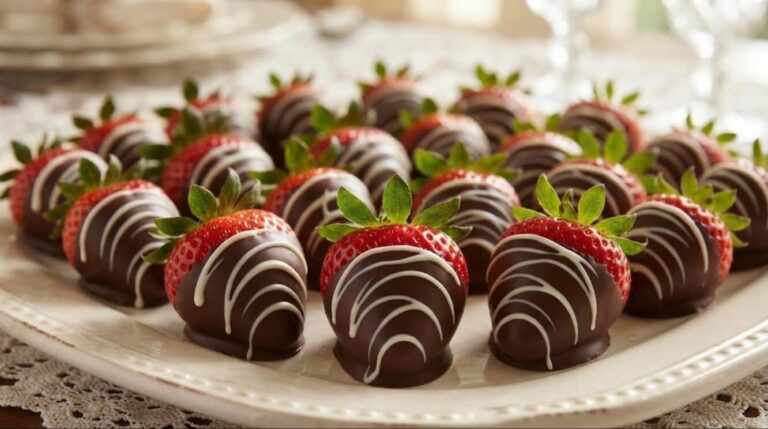5 ingredient desserts: chocolate covered strawberries drizzled with white chocolate