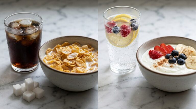 Added sugar swap: soda and frosted cereal next to sparkling water and yogurt with fruit