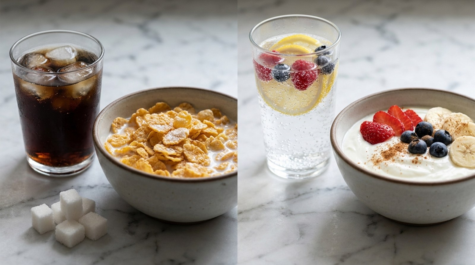 Added sugar swap: soda and frosted cereal next to sparkling water and yogurt with fruit