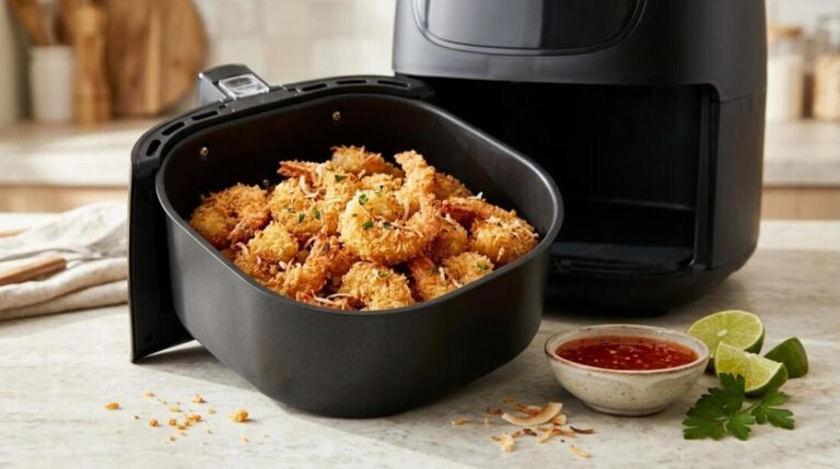 Air fryer recipes: crispy coconut shrimp in an air fryer basket with sweet chili sauce