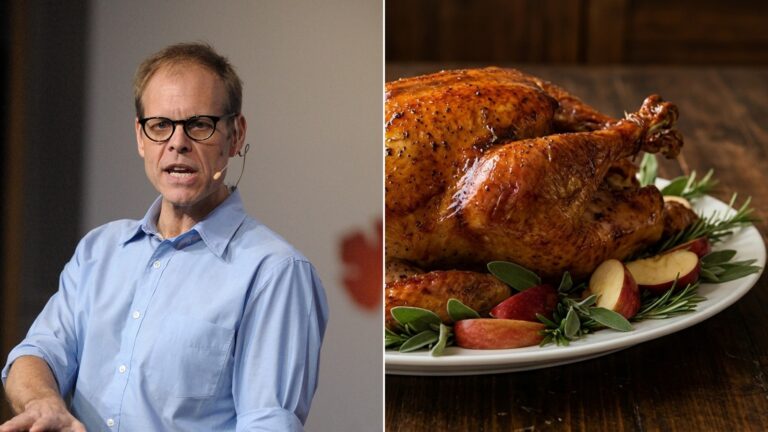 Alton Brown next to a golden roast turkey on a platter, the Alton Brown turkey made his way