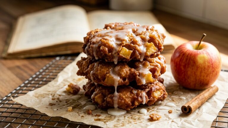 Apple fritters with vanilla glaze on a cooling rack