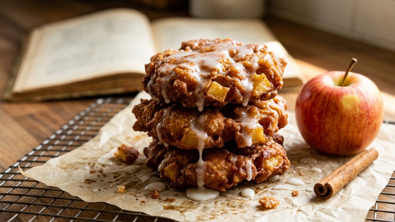 Apple fritters with vanilla glaze on a cooling rack