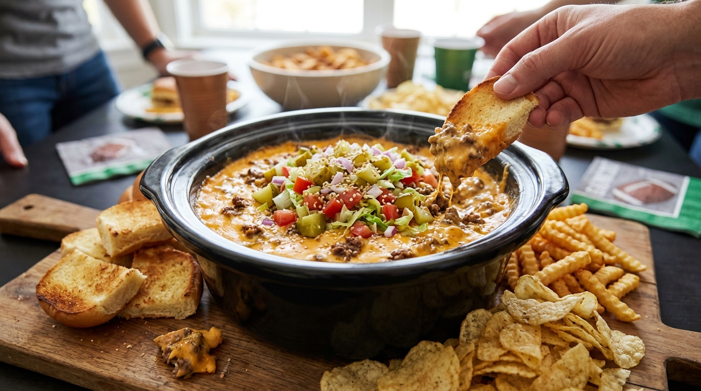 Cheeseburger dip in a slow cooker with fries and bun wedges