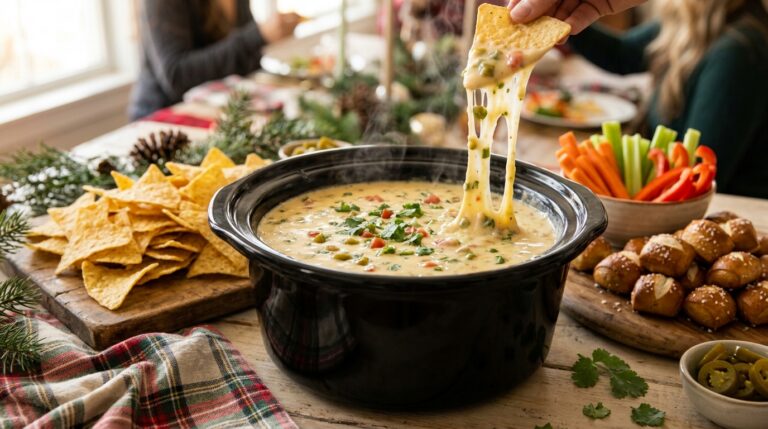 Crockpot dips party table with white queso and a chip lifting a cheese pull