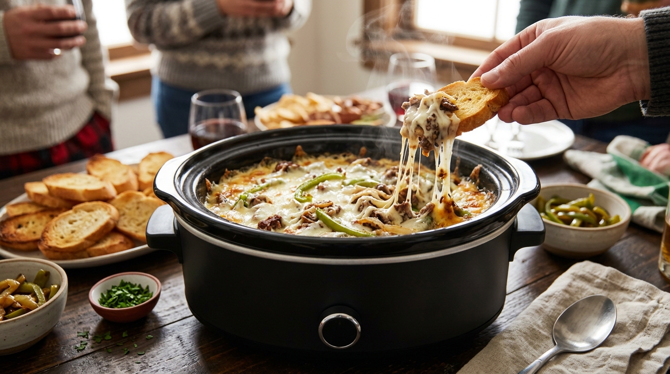 Philly cheesesteak spread in a slow cooker with toasted bread