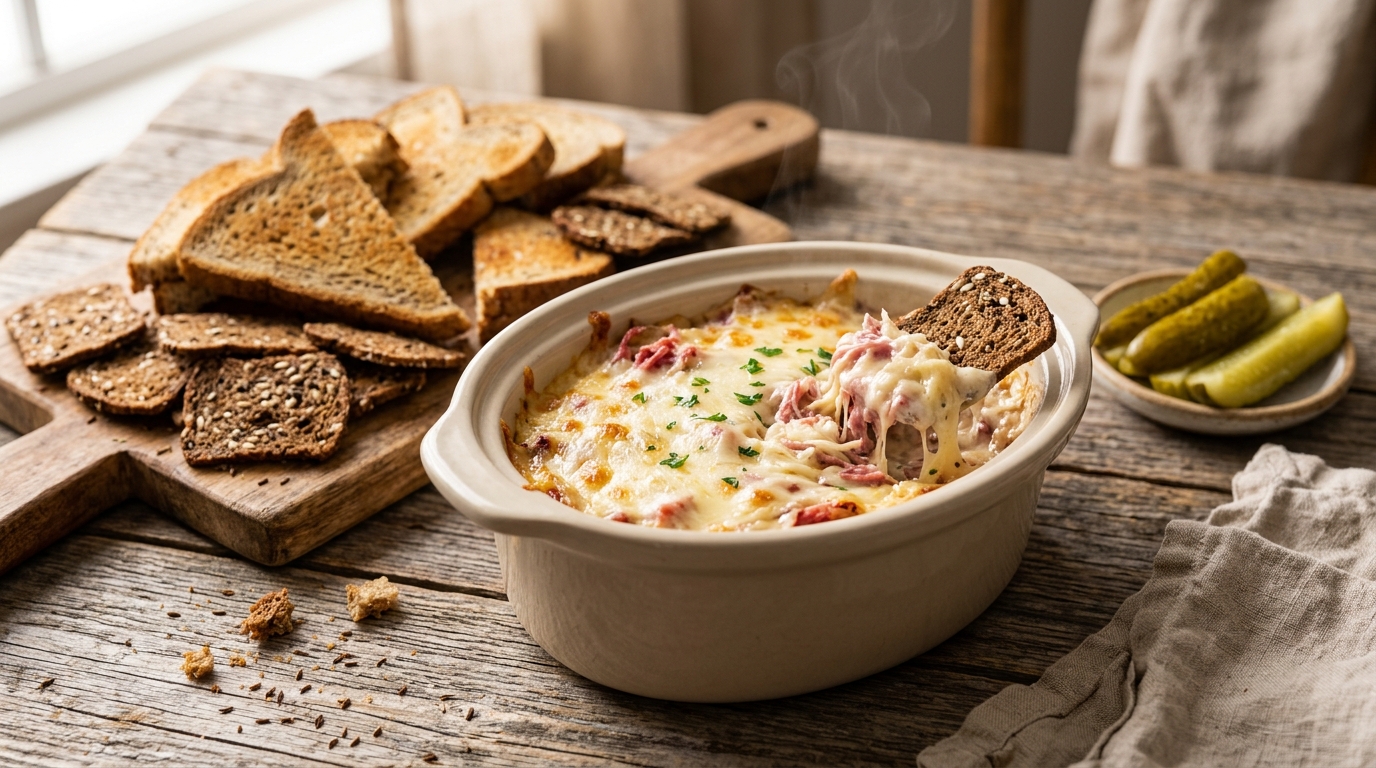 Reuben dip with rye toast, a deli style crockpot dip