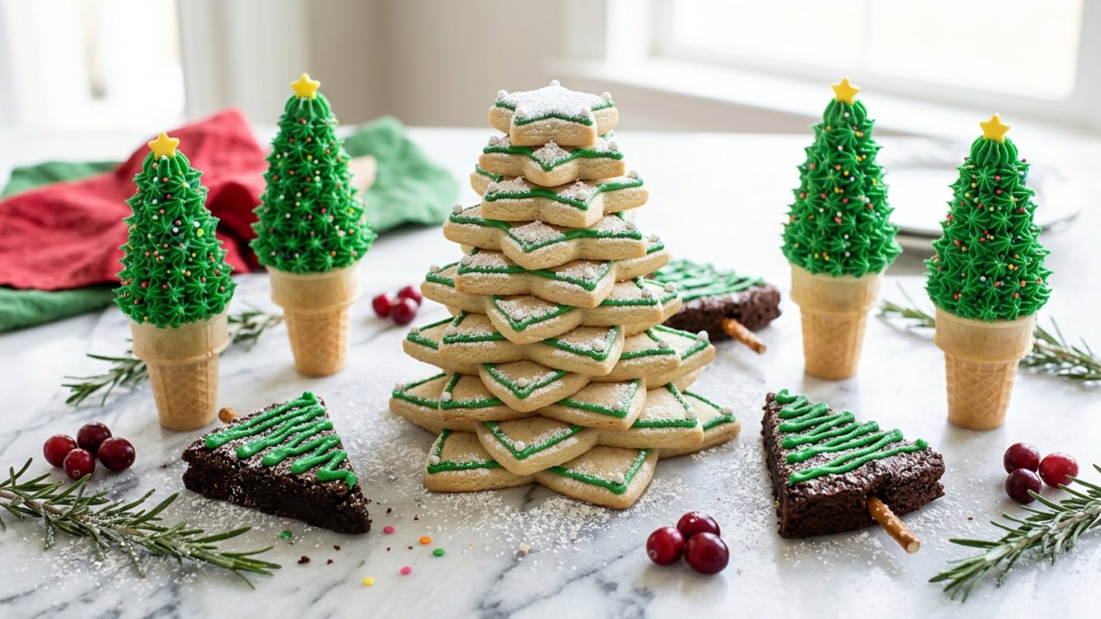 Christmas tree desserts on a marble table: a stacked star cookie tree, ice cream cone trees and brownie trees