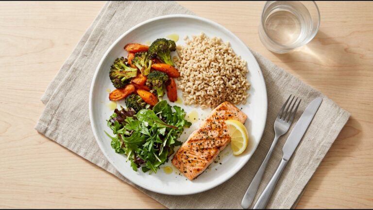 Balanced plate: half roasted vegetables and salad, a quarter brown rice and a quarter salmon