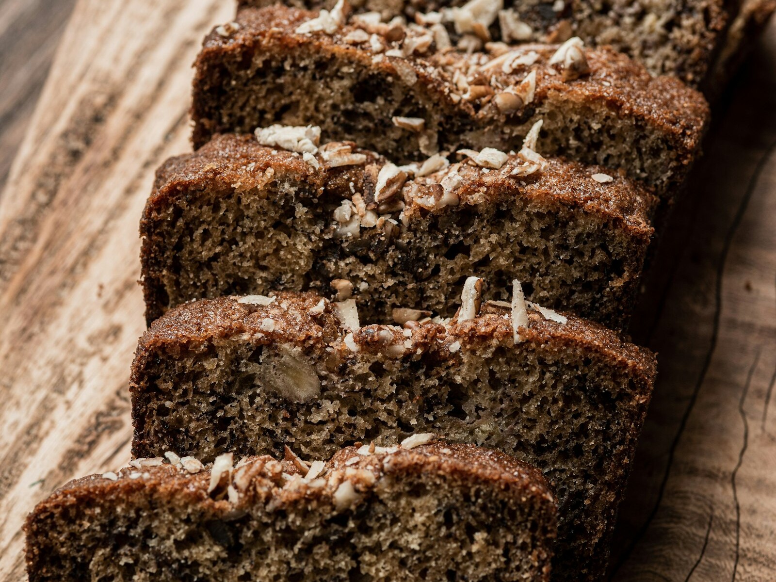 Slices of banana bread on a cutting board