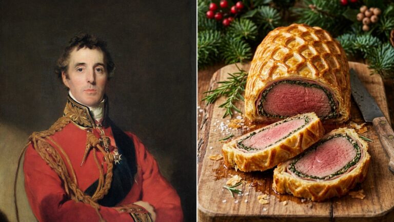 Portrait of the Duke of Wellington next to a sliced classic beef Wellington, the first of our beef Wellington recipes