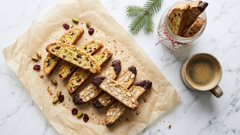 Biscotti: cranberry pistachio and chocolate dipped biscotti on parchment with a glass jar tied with twine