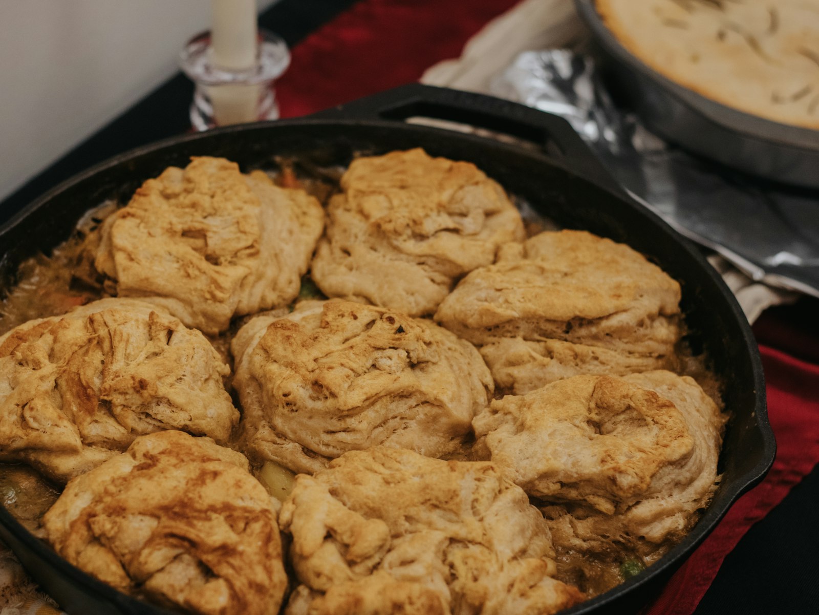 Fluffy buttermilk biscuits in a skillet
