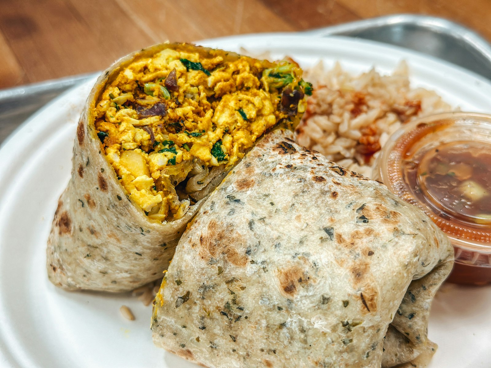 Breakfast burrito with scrambled eggs