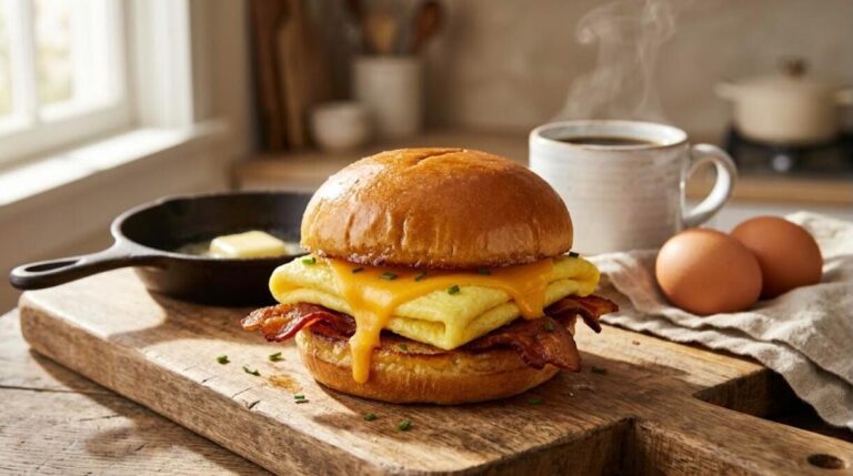 Breakfast sandwiches with folded egg, melted cheddar and bacon on a brioche bun