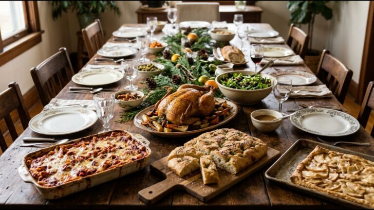 Budget dinner party table with a roast chicken, baked ziti, focaccia, salad and apple slab pie