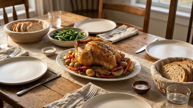Budget family dinners: a golden roast chicken with potatoes and carrots on the family table