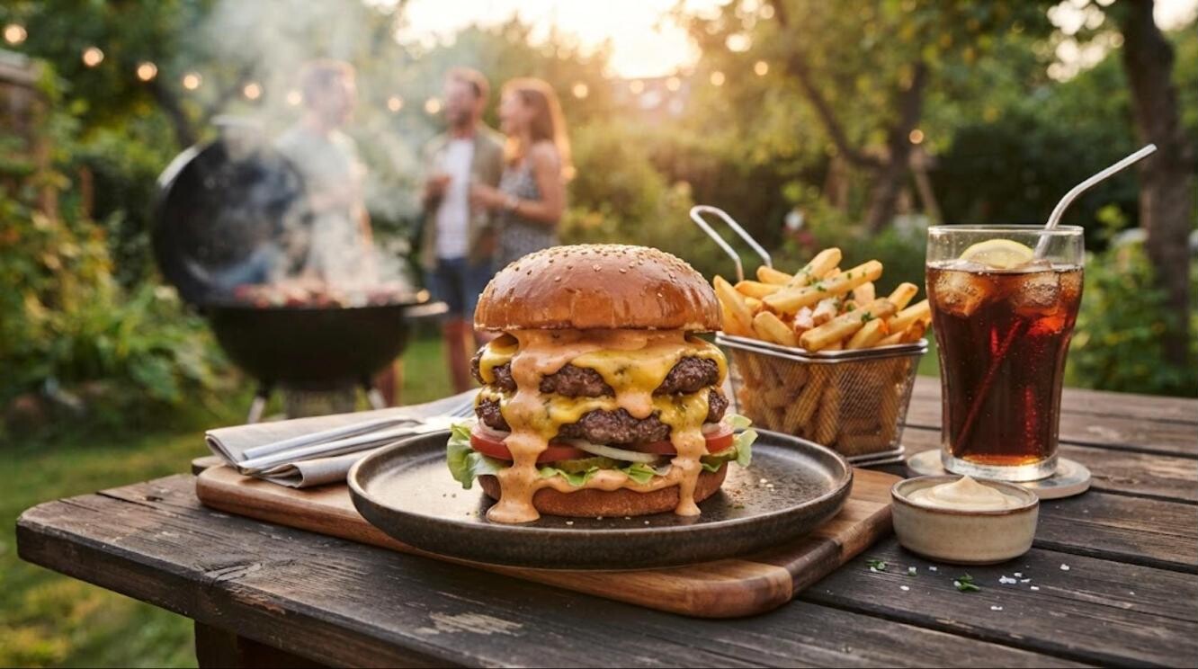 Burger recipes: double cheeseburger with fries at a backyard cookout