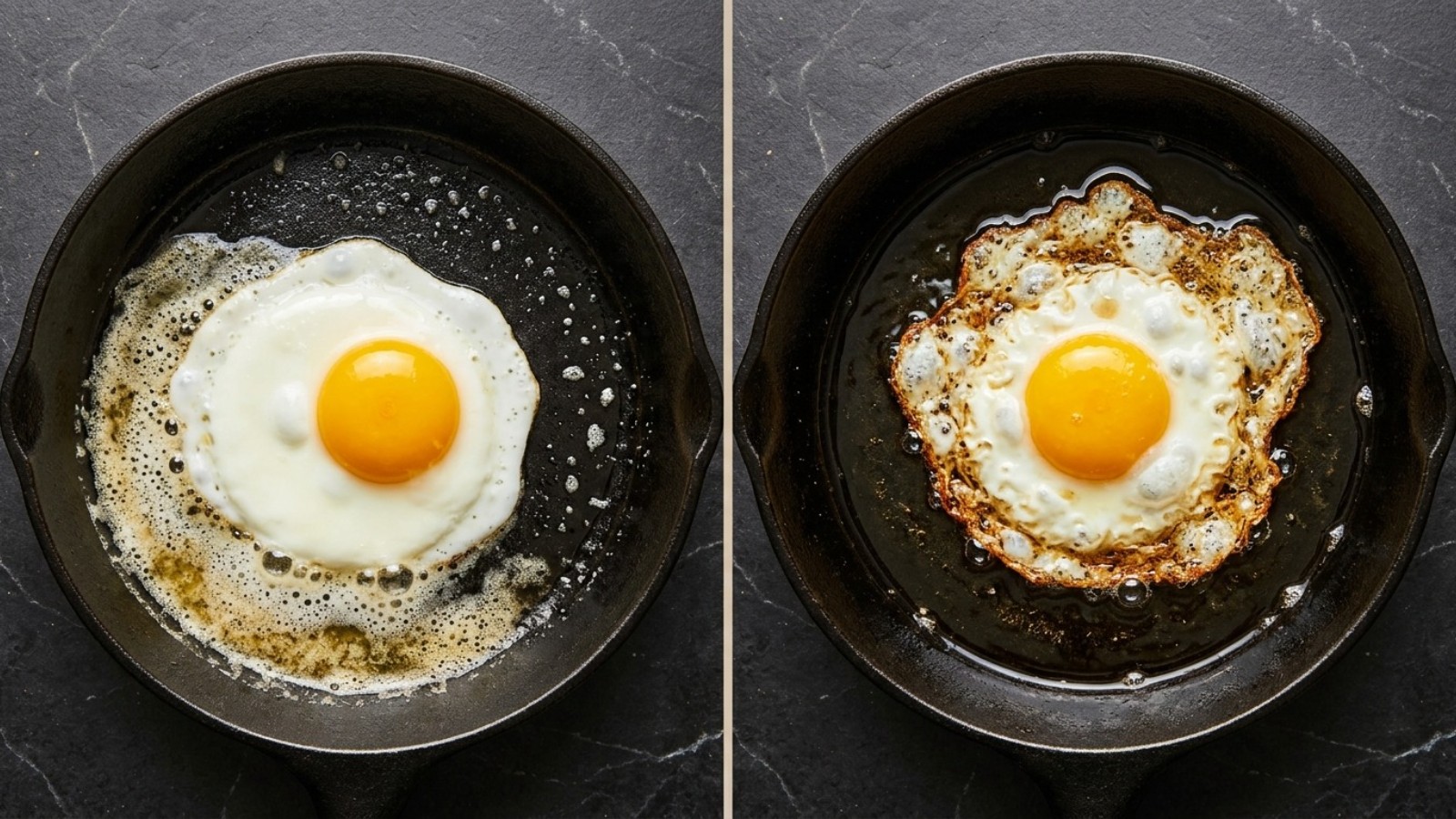 Split image of a fried egg cooking in butter on the left and in oil on the right, the classic butter vs oil test