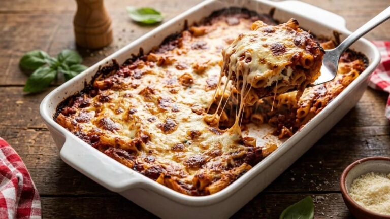 A classic baked ziti pasta bake with a bubbling mozzarella top