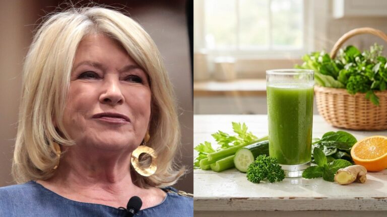 Real photo of Martha Stewart beside a glass of green juice with fresh greens