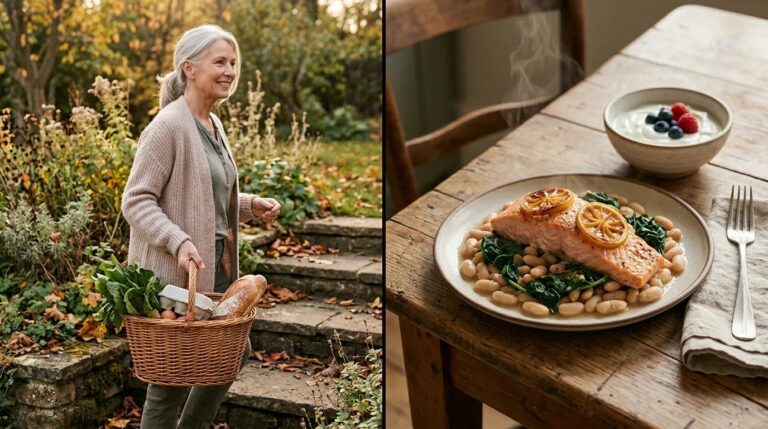 Older woman carrying groceries beside a plate of baked salmon, white beans and yogurt with berries