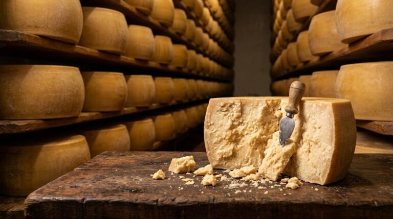 Wheels of real Parmesan aging on wooden shelves with one wheel cracked open