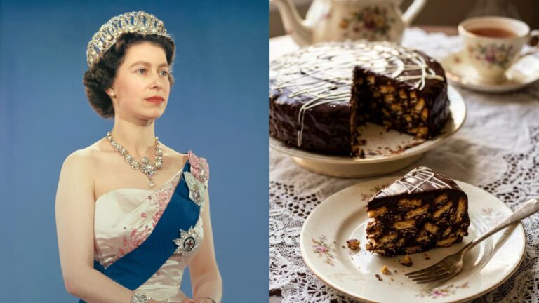 Real photo of Queen Elizabeth II beside a chocolate biscuit cake, a royal family teatime favorite