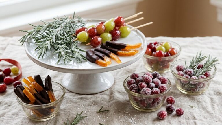 Candied fruit display with sugared cranberries, chocolate dipped orange peel, candy coated grapes and sugared rosemary