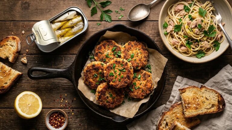 Canned salmon cakes in a cast iron skillet with sardines, tuna pasta and toast