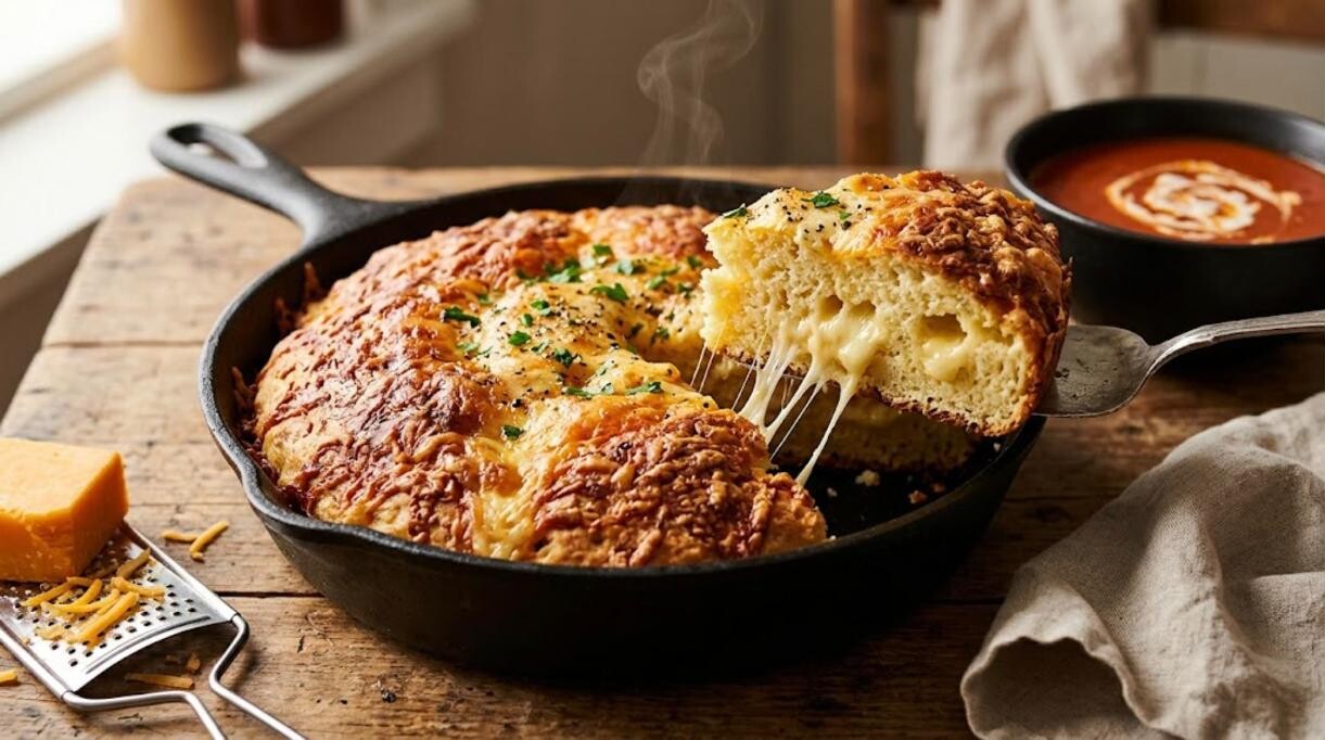 Cheese bread baked in a cast iron skillet with melted cheddar and mozzarella