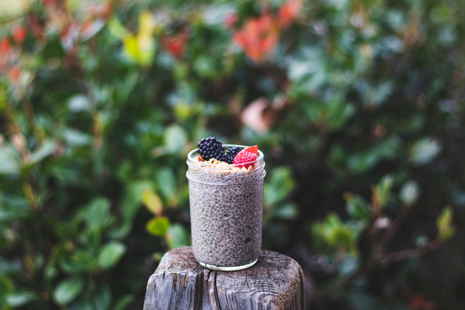 Chia seed pudding in a jar topped with berries, one of our favorite low sugar desserts