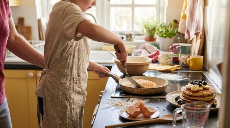 Child flipping a golden pancake in a sunny family kitchen while a grown-up helps