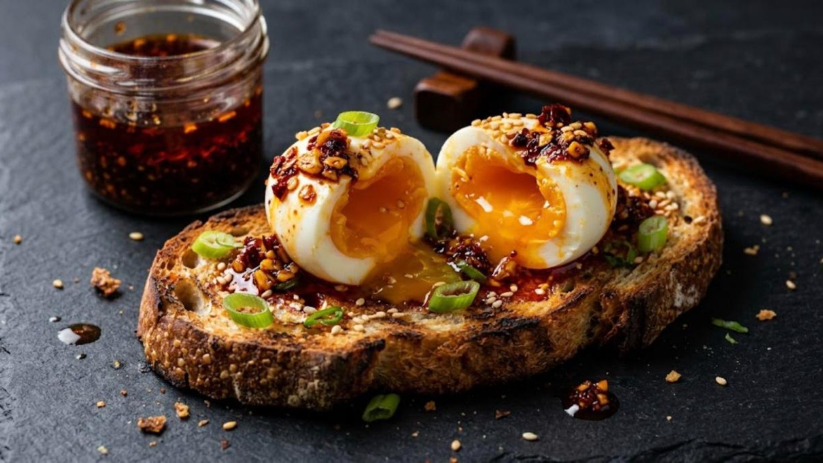 Chili crisp recipes: smashed soft boiled eggs on sourdough toast with crunchy chili crisp