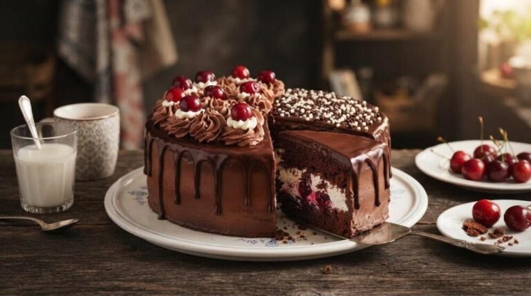 Chocolate desserts: black forest cake with cherries and chocolate glaze