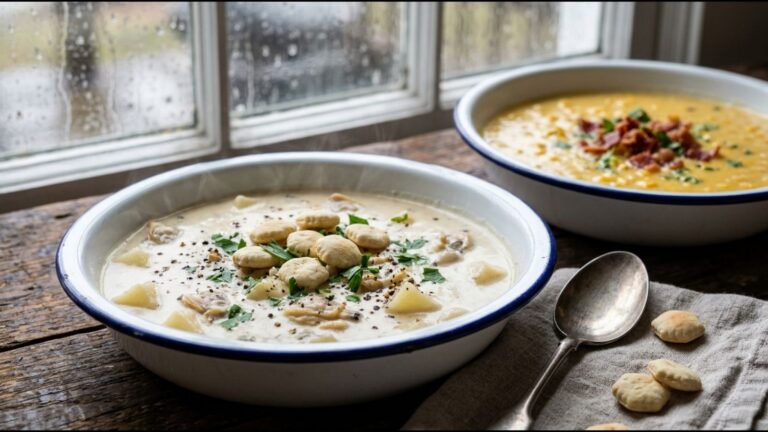 Chowder recipes: New England clam chowder with oyster crackers and a bowl of corn chowder with bacon