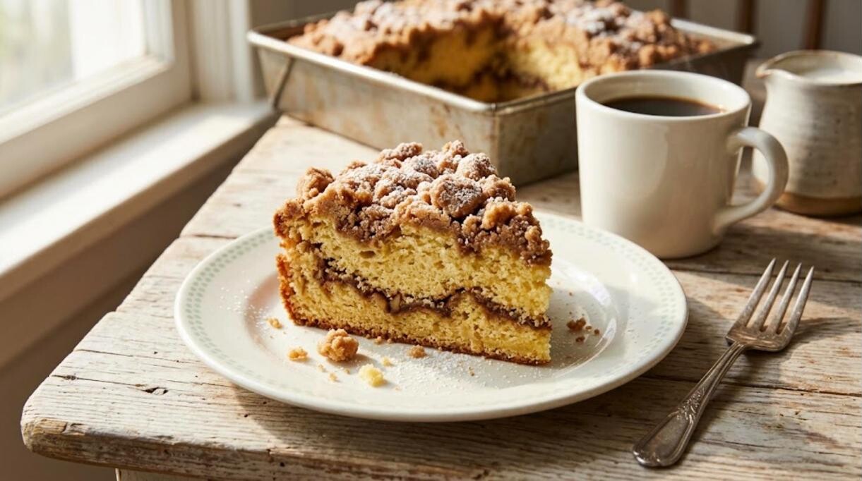 Coffee cake: slice of cinnamon streusel coffee cake with a cup of coffee