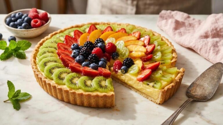 Fruit tarts: fresh fruit tart with vanilla pastry cream and a slice cut