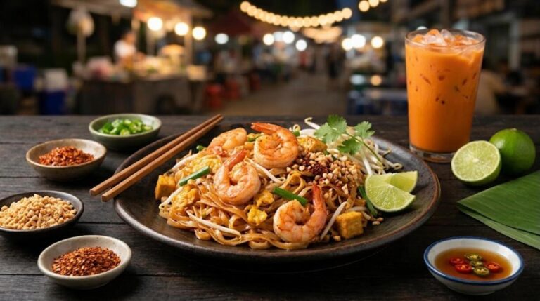 Thai dinners: classic shrimp pad Thai with peanuts and lime